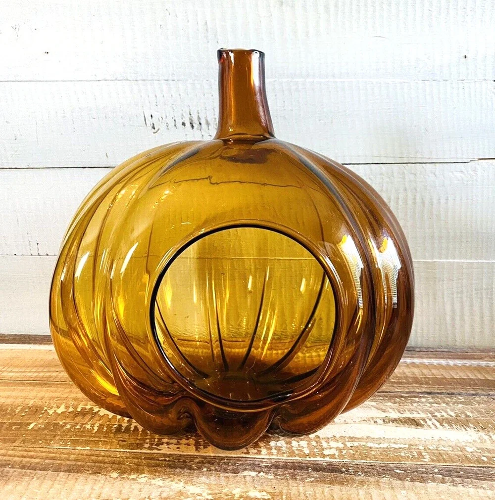 Vintage Blown Amber Glass Pumpkin Candle Holder Poland 10